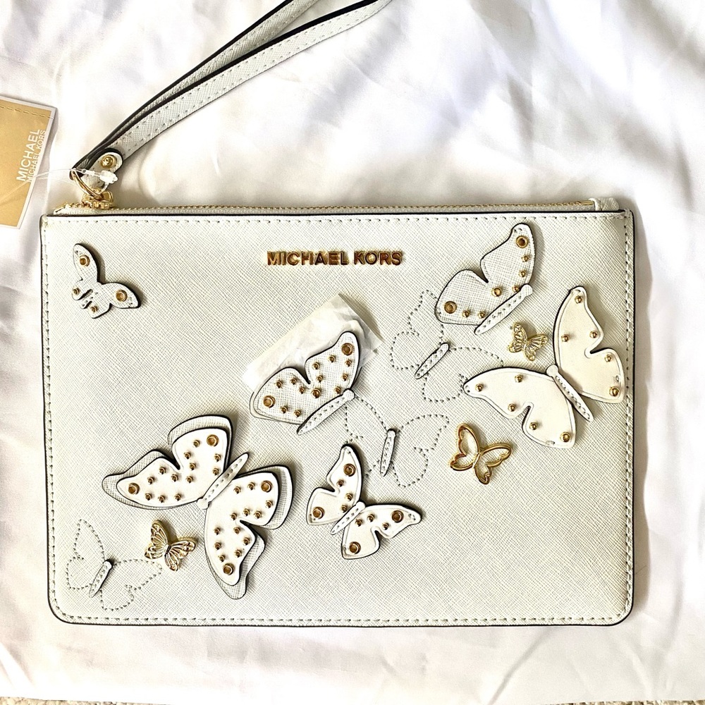 Jet Set Travel Butterflies XL Zip Clutch in Optic White